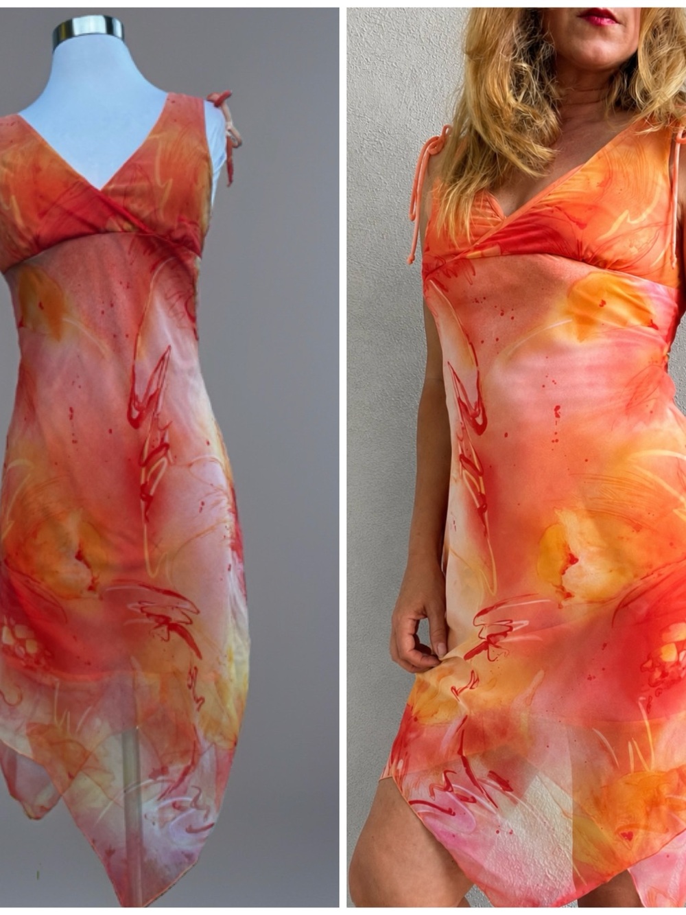 VTG Y2K City Triangles Coral Abstract Fairycore Sheer Handkerchief Dress 2/4